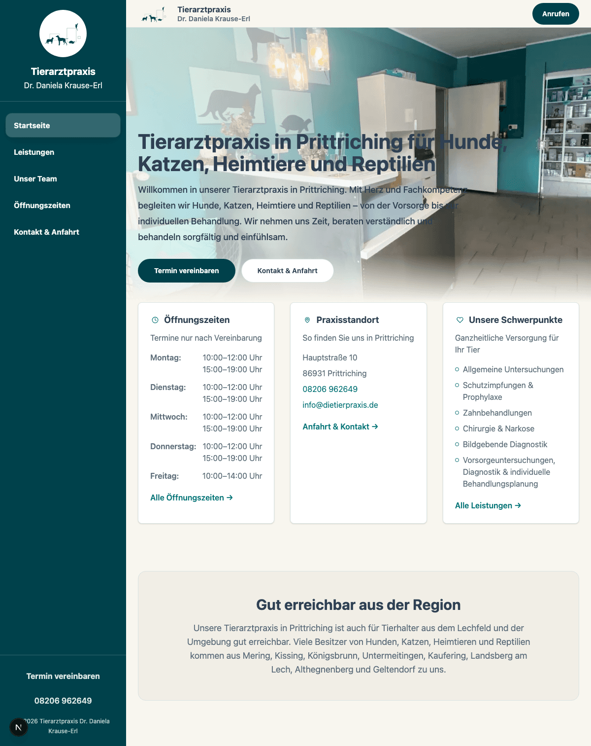 Startseite der von SkitPie entwickelten Website der Tierarztpraxis Dr. Daniela Krause-Erl