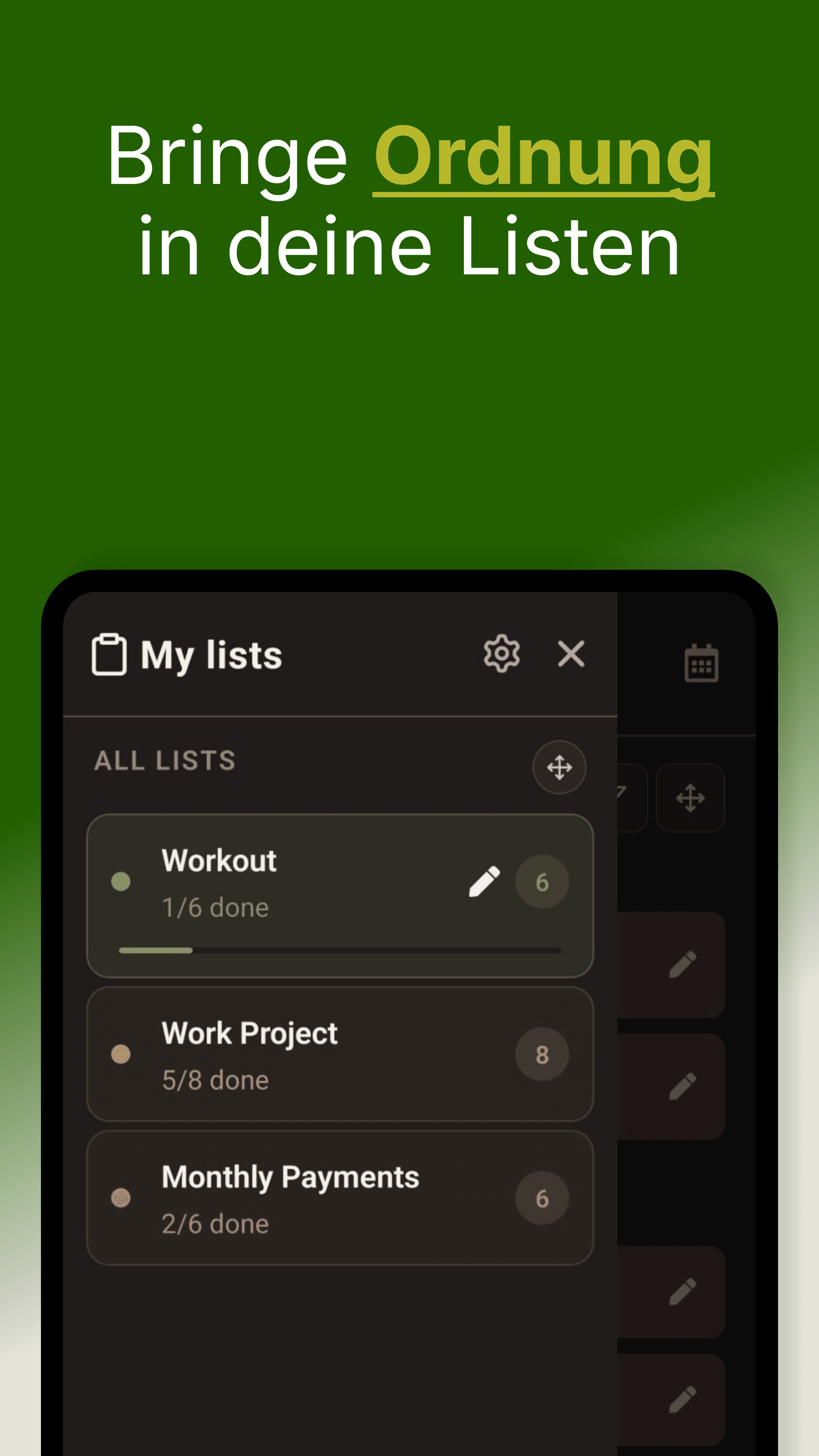 QuickDone farblich geordnete Listenübersicht, deutscher Google Play Screenshot