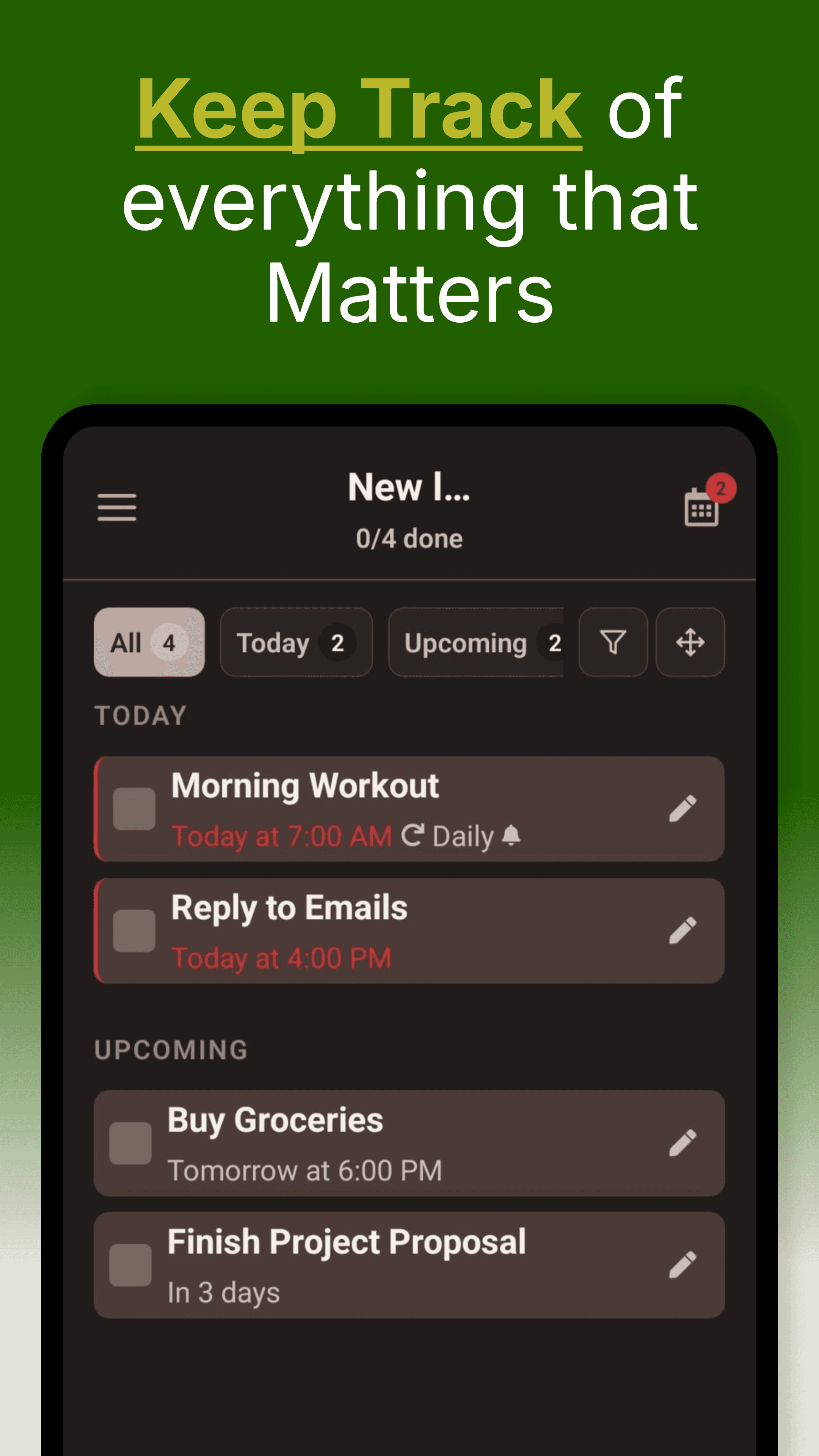 QuickDone today and upcoming tasks – original screenshot from the English Google Play listing