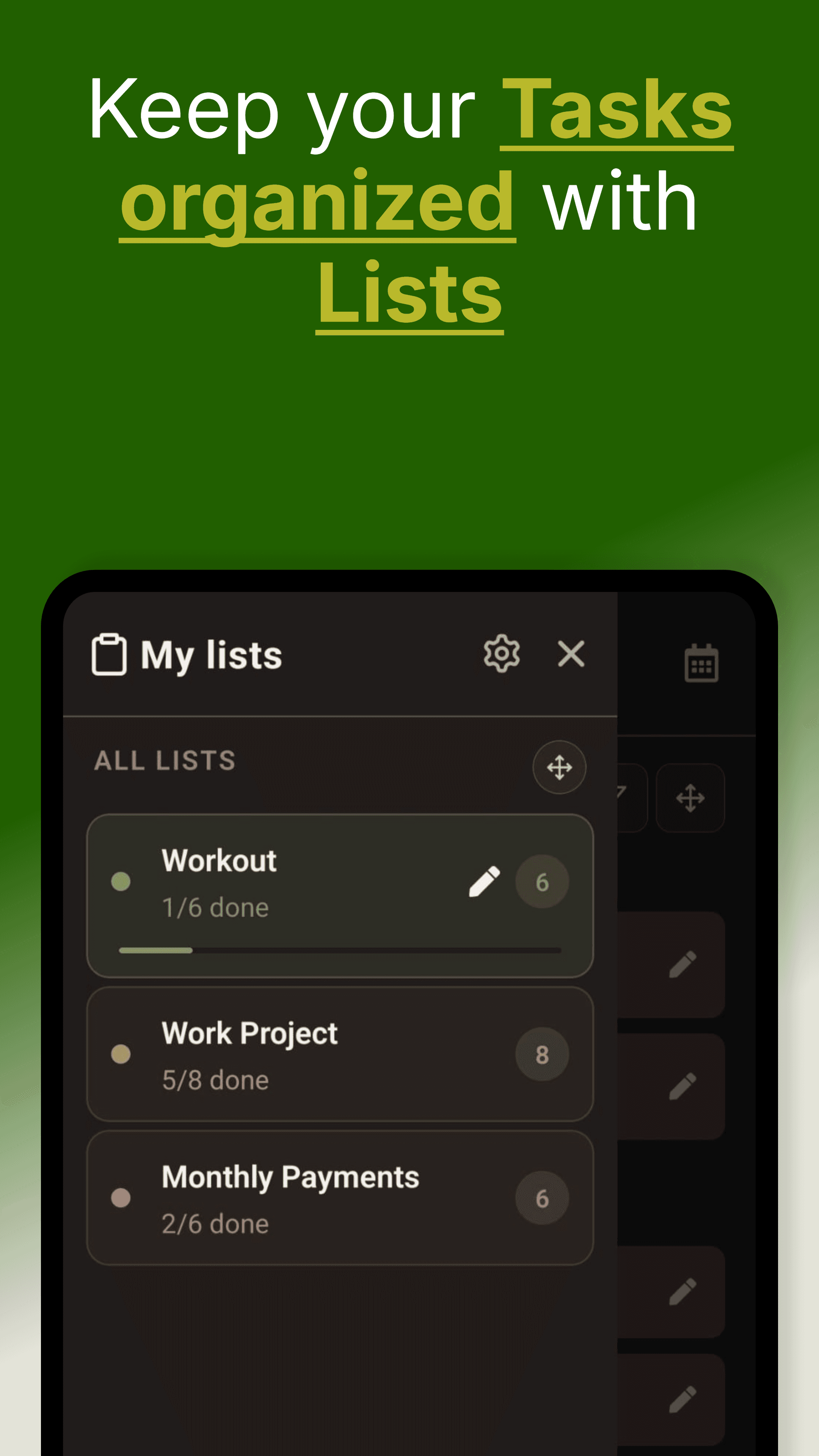QuickDone color-coded list overview, English Google Play screenshot